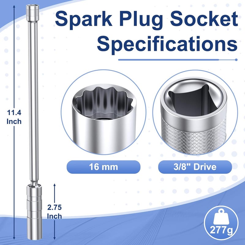 ecocstm 16mm Spark Plug Socket, Thin Wall 3/8" Drive Spark Plug Socket Removal Tool, 12 Point x 11.4" Total Length, 360 Degree Magnetic Swivel Spark Plugs Socket for Most Car Models - Image 2